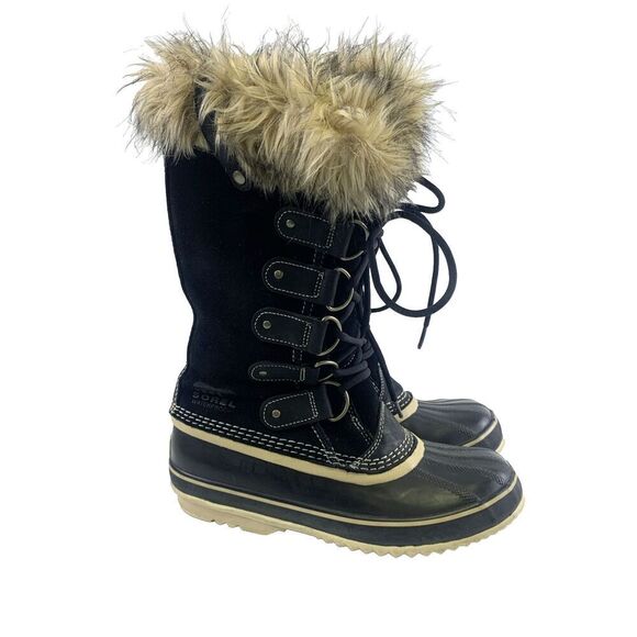 Sorel Joan Of Arctic Boot Black Suede Faux Fur Trim Waterproof Knee Womens 8.5 - Picture 1 of 14